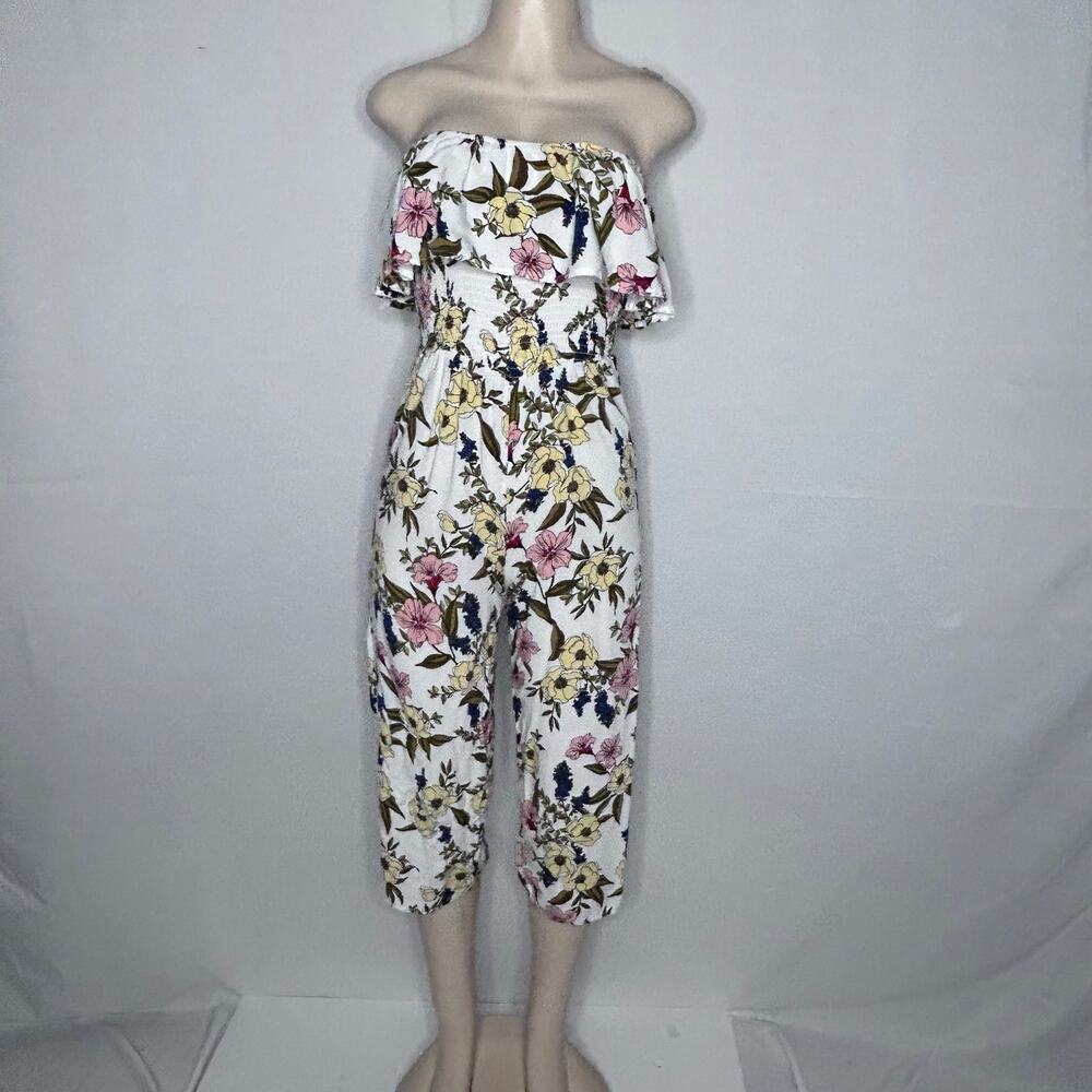 Heart & Hips Floral Off Shoulder Smocked Jumpsuit Cropped Size M